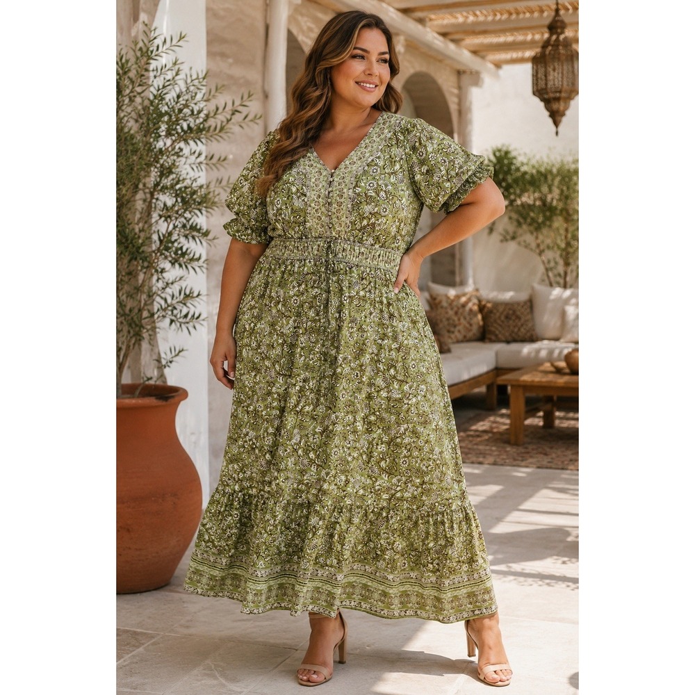 LÉA 3X Cottagecore Boho Floral Maxi Dress Smocked Puff Sleeve Green Plus PP45